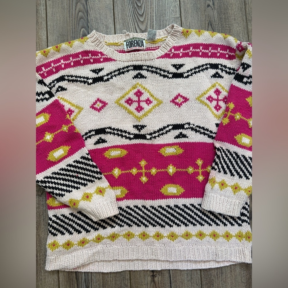 Vintage Forenza Sweater M Pink Geometric Knit 90s Chunky Ramie Cotton - Picture 4 of 13